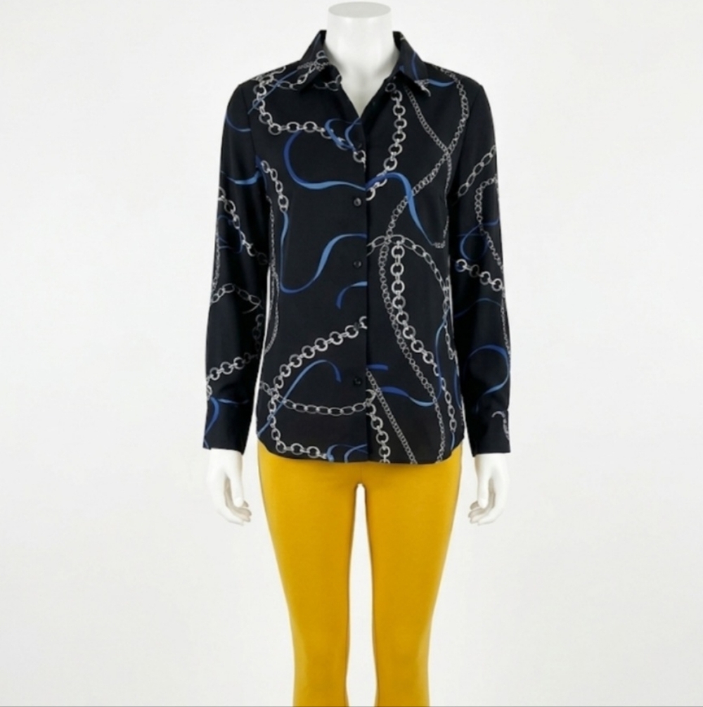 Chelsea & Theodore Black Button-Front Chain Print Blouse with Blue Accents